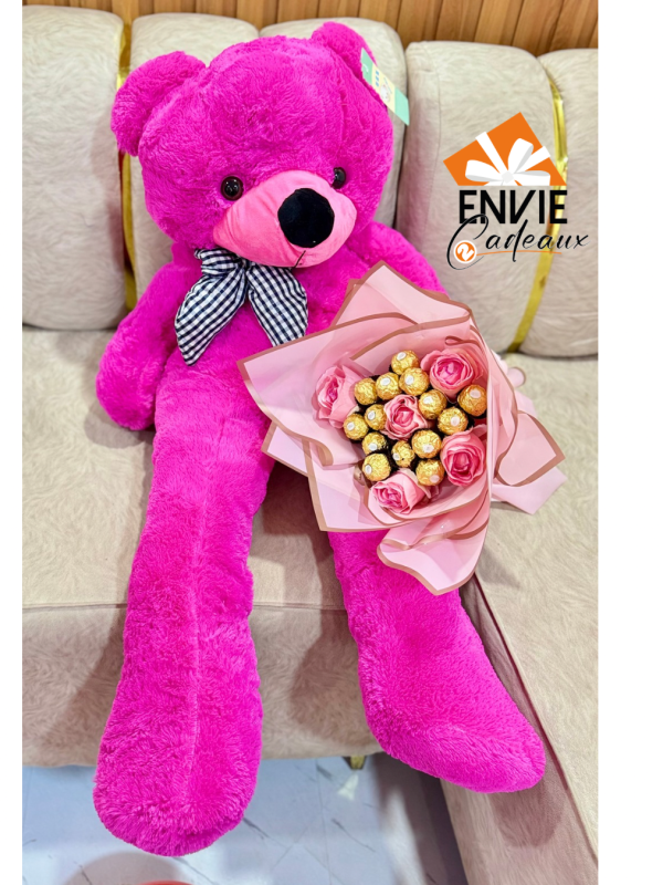 Peluche rose fushia 1m4 et bouquet